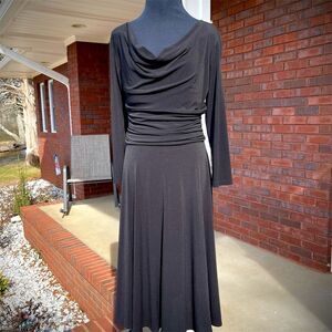 London Style Women's Midi Longsleeve Black Drape Neck Dress Size 10